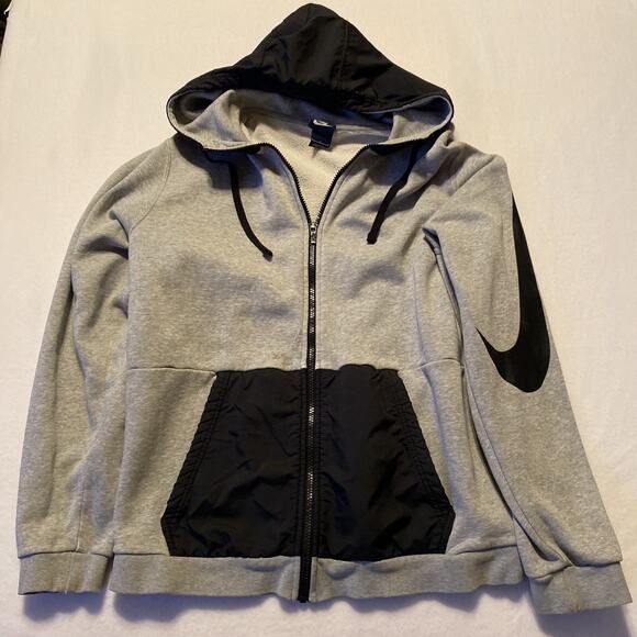 Vintage Nike Tech Fleece Big Swoosh Zip Hoodie Black Gray Large L Jacket - Picture 1 of 12